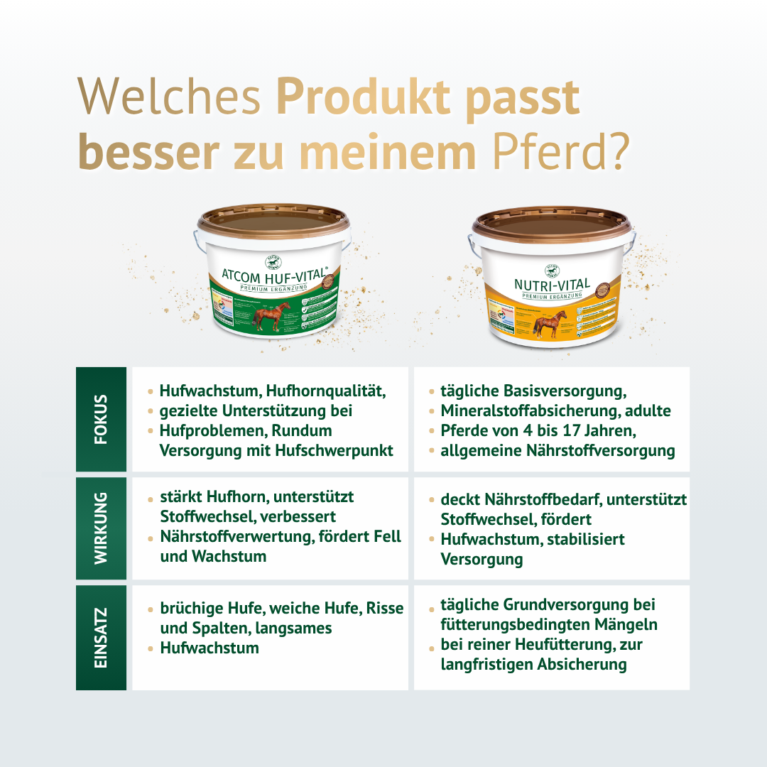 Produktvergleich: ATCOM HUF-VITAL vs. NUTRI-VITAL – welches Mineralfutter passt besser zu deinem Pferd?