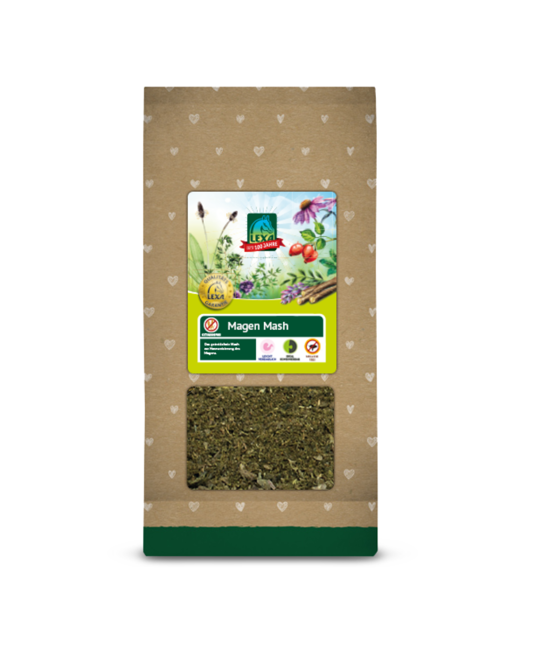Verpackung von LEXA Magen Mash 1 kg vor natürlichem, herzgemustertem Hintergrund mit Sichtfenster auf das grüne Mash-Futter.“