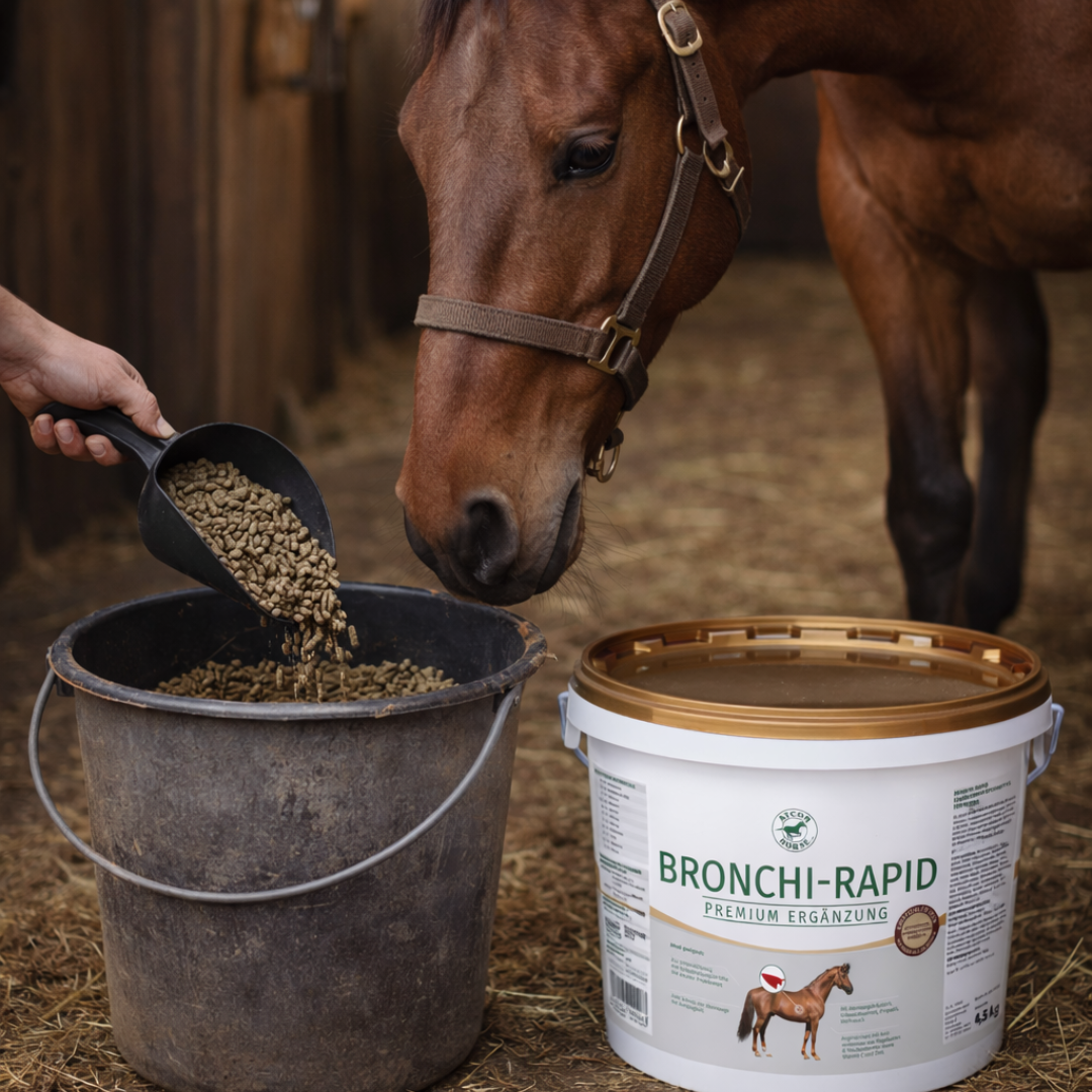 Fütterung von ATCOM Bronchi-Rapid im Stall – Pellets werden in einen Futtereimer für ein Pferd gegeben