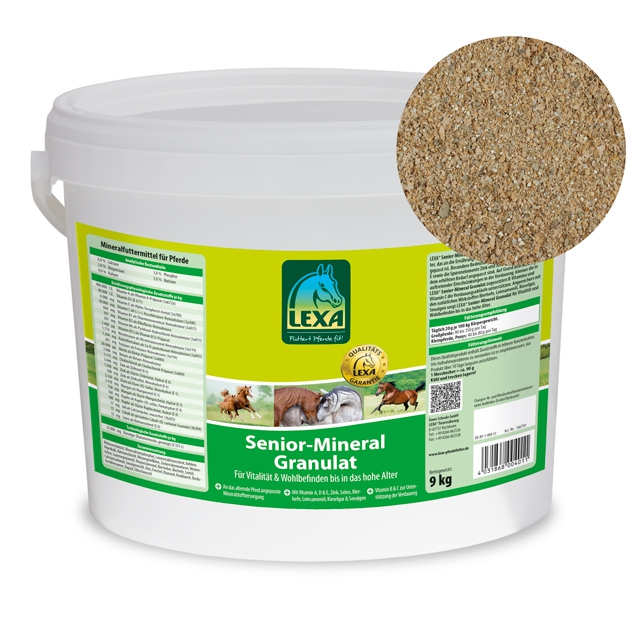 Senior-Mineral Granulat von LEXA Senior-Mineral Granulat von LEXA in einem 9 kg Eimer (Kunststoff), geeignet für ältere Pferde zur Unterstützung der Vitalität. Mit zusätzlicher Abbidlung des Inhlates (Granulat)