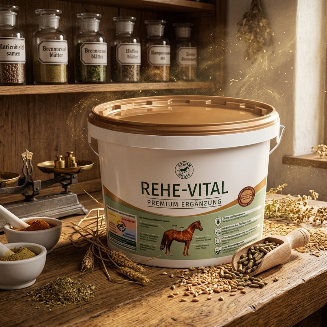 Rehe-Vital Pferdefutter Eimer mit natürlichen Zutaten und Kräutern im Hintergrund