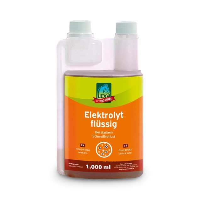 LEXA Elektrolyt flüssig 1000 ml Dosierflasche (Kunststoff) mit flüssigem Elektrolyt von LEXA, Etikett orange und grün mit Angaben zu den Inhaltstoffen.