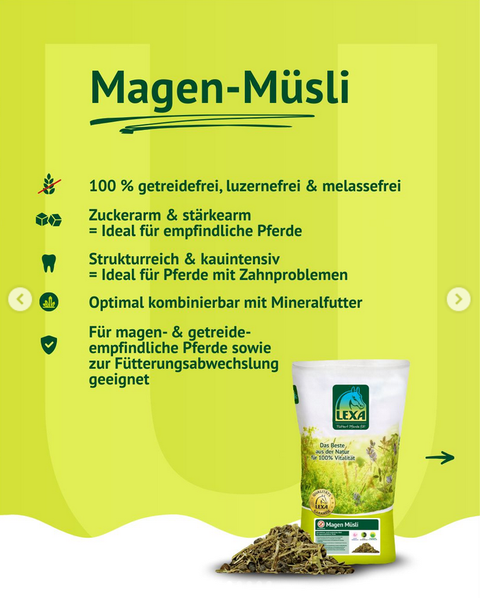 Grünes Bild mit einem Produktbild vom Magen Müsli und grünen Produkbeschreibungen