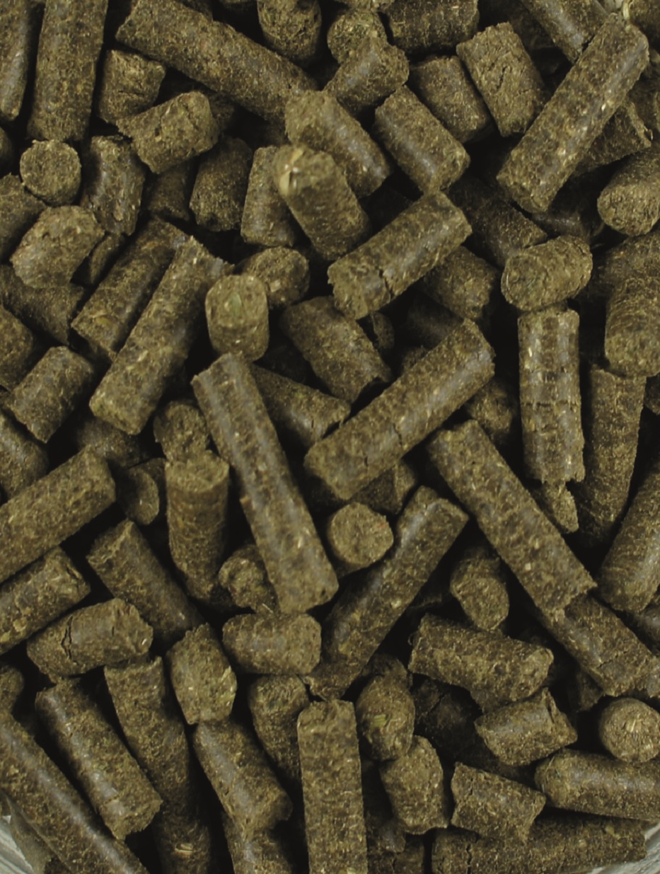 Pflanzenpellets Braune Pellets aus pflanzlichem Material, dicht gepackt und unregelmäßig geformt.