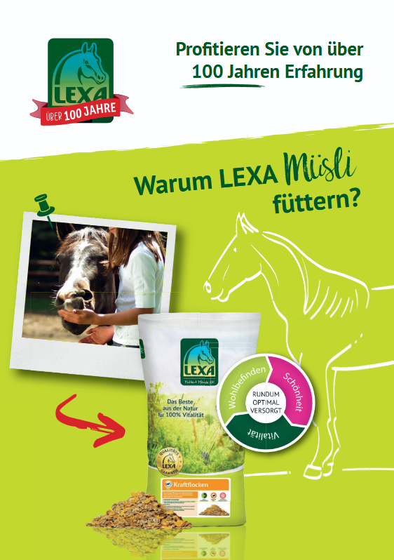 LEXA Müslibroschüre mit Pferdemotiv, Kraftflocken-Futtersack und Hinweis auf über 100 Jahre Erfahrung.