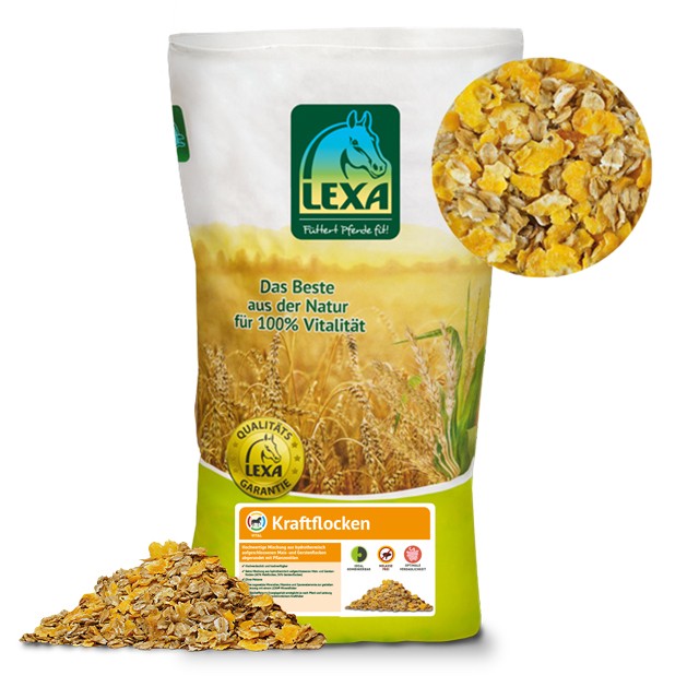 LEXA Kraftflocken, eine Mischung aus Haferflocken für Pferde, in einer Verpackung mit abgebildeten Flocken.