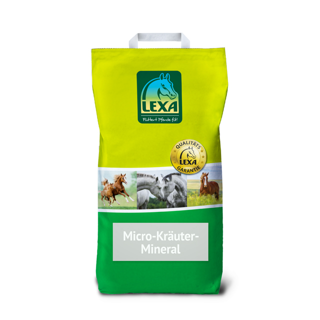 LEXA Micro-Kräuter-Mineral für Pferde LEXA Micro-Kräuter-Mineral für Pferde Pferdefutter in grünem Beutel (Papier) mit Bildern von Pferden.