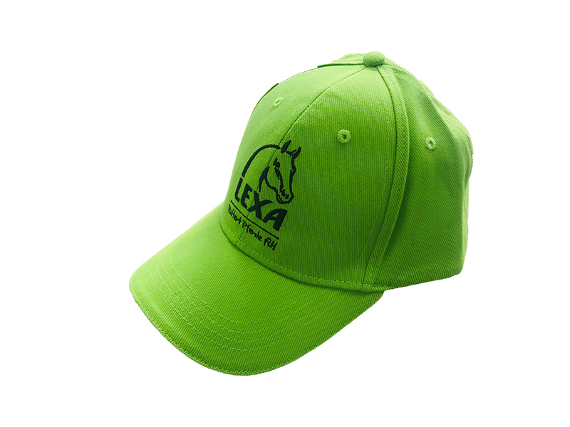 Grüne Baseballmütze mit Pferdelogo Leuchtend grüne Baseballmütze mit schwarzem Pferdelogo und Schriftzug 'LEYA'