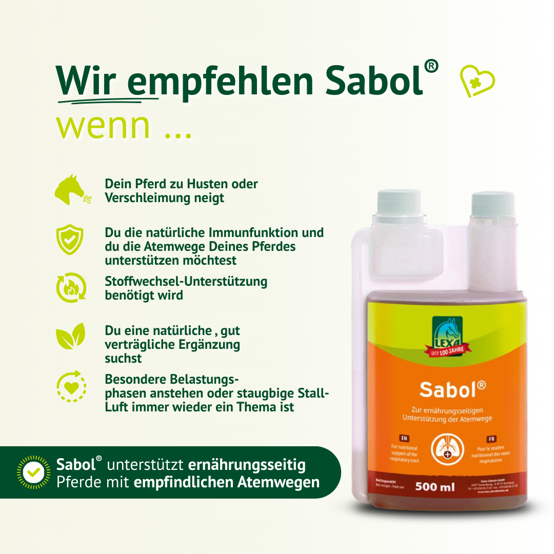 Sabol® Ergänzungsöl für Pferde mit empfindlichen Atemwegen – Empfehlung bei Husten, Staubbelastung oder erhöhter Reizexposition.
