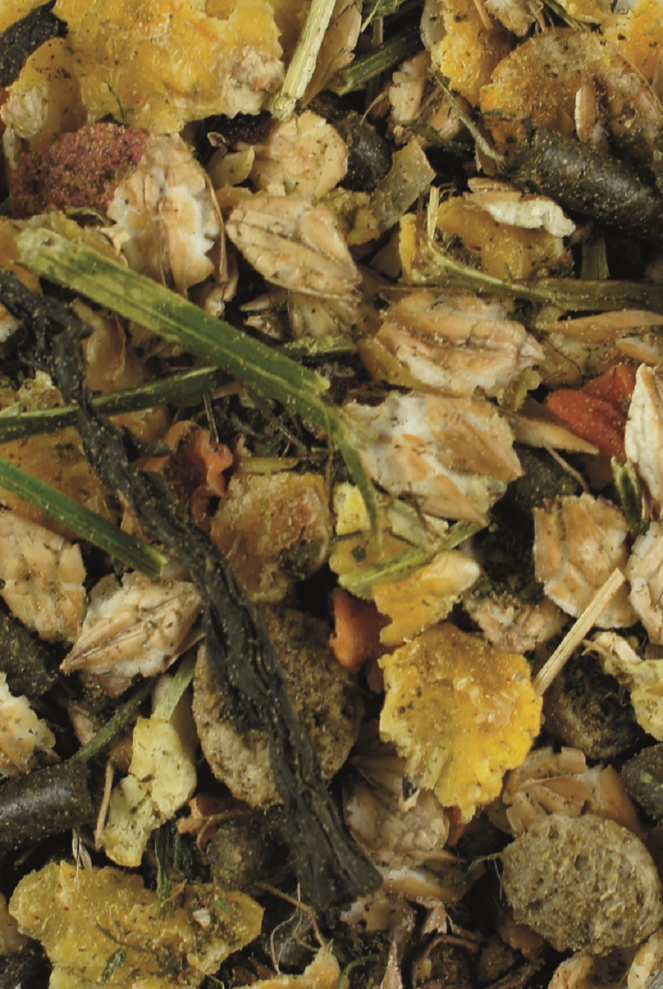 Getrocknete Kräuter- und Pflanzenmischung Mischung aus getrockneten Kräutern und Pflanzenmaterialien, überwiegend in Erdtönen.