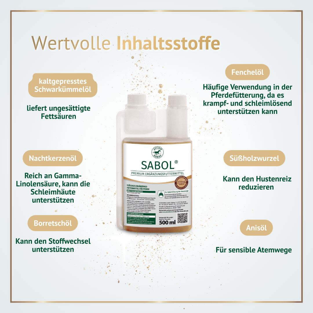 Inhaltsstoffe von ATCOM SABOL mit Schwarzkümmelöl, Nachtkerzenöl, Borretschöl, Fenchelöl und Süßholzwurzel