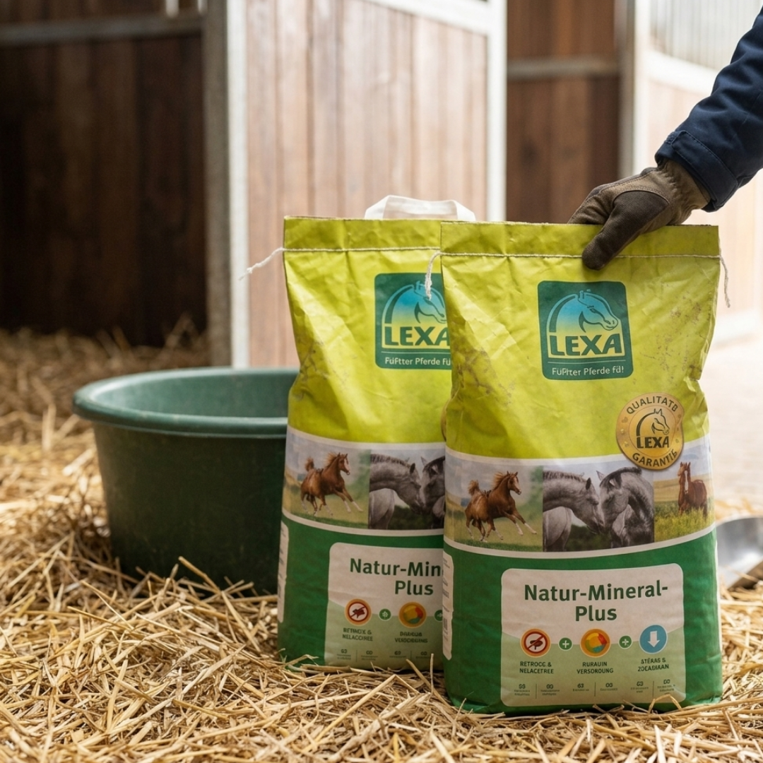 LEXA Natur-Mineral Plus Pferdefutter im Stall – hochwertige Mineralpellets für Pferde