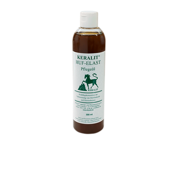 KERALIT HUF-ELAST Pflegeöl 300 ml Flasche mit KERALIT HUF-ELAST Pflegeöl, 300 ml, für die Hufpflege von Tieren.