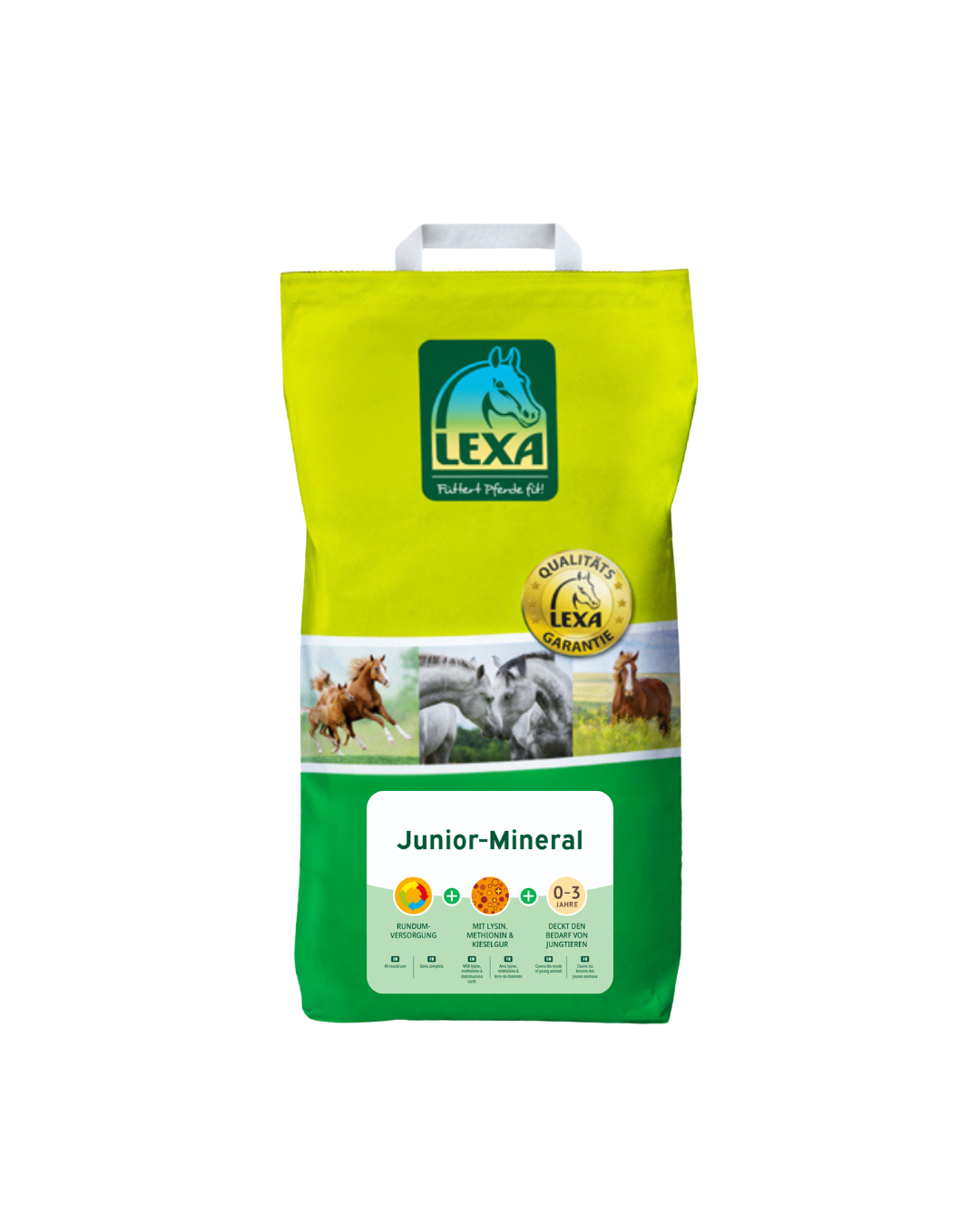 LEXA Junior-Mineral – gelb-grüne Verpackung mit Tragegriff und Produktlabel für die Versorgung junger Pferde.