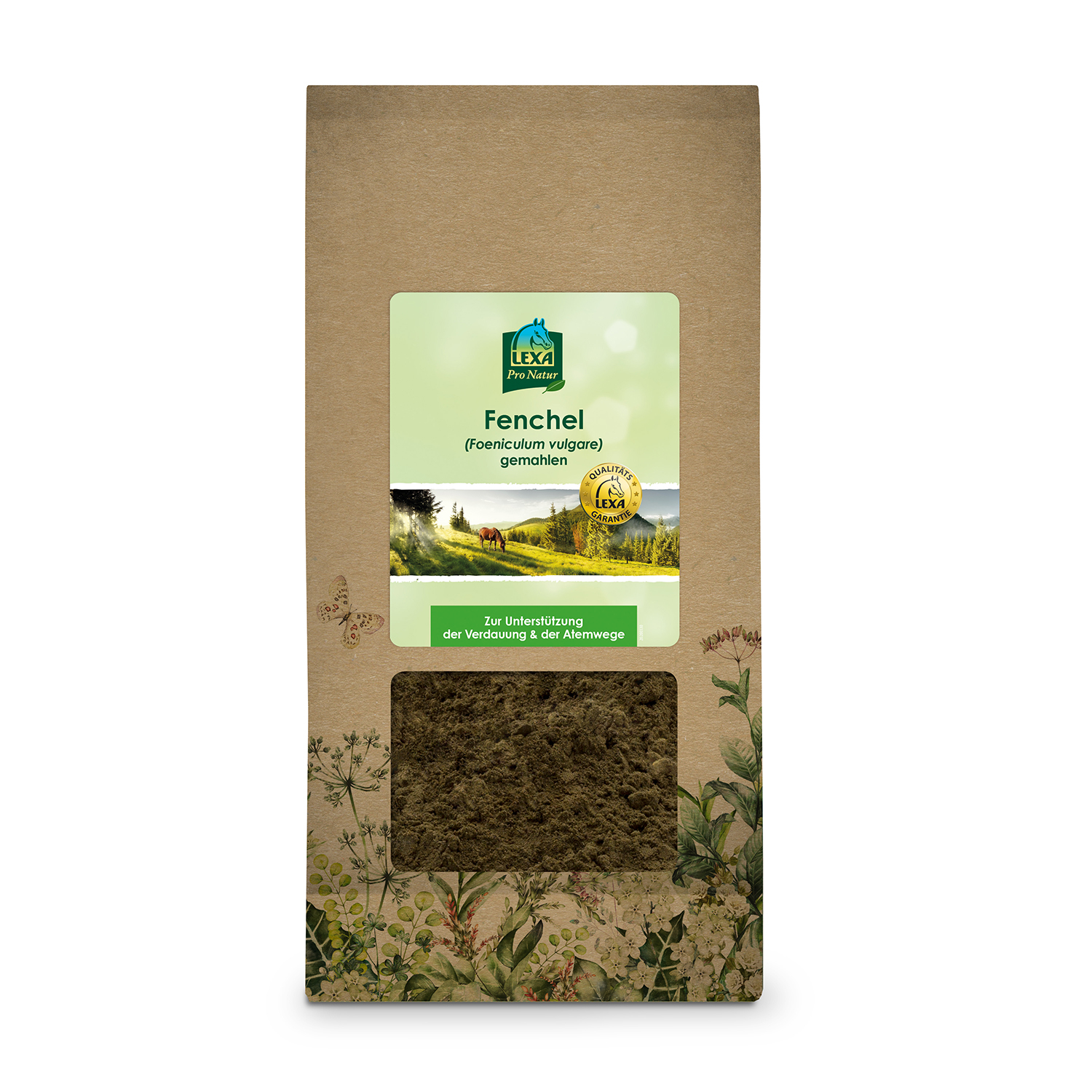 Gemahlener Fenchel von LEXA Braune Papiertüte mit gemahlenem Fenchel und Sichtfenster. Grünes Etikett. Verpackung mit Kräuterillustrationen am Rand der Verpackung.