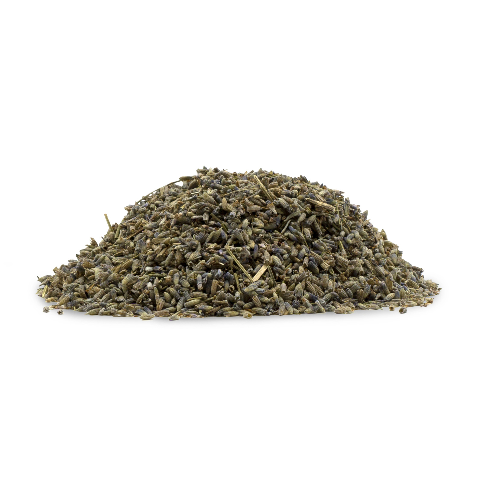 Getrocknete Lavendelblüten Eine kleine Menge getrockneter Lavendelblüten, grünlich-violett, auf weißem Hintergrund.