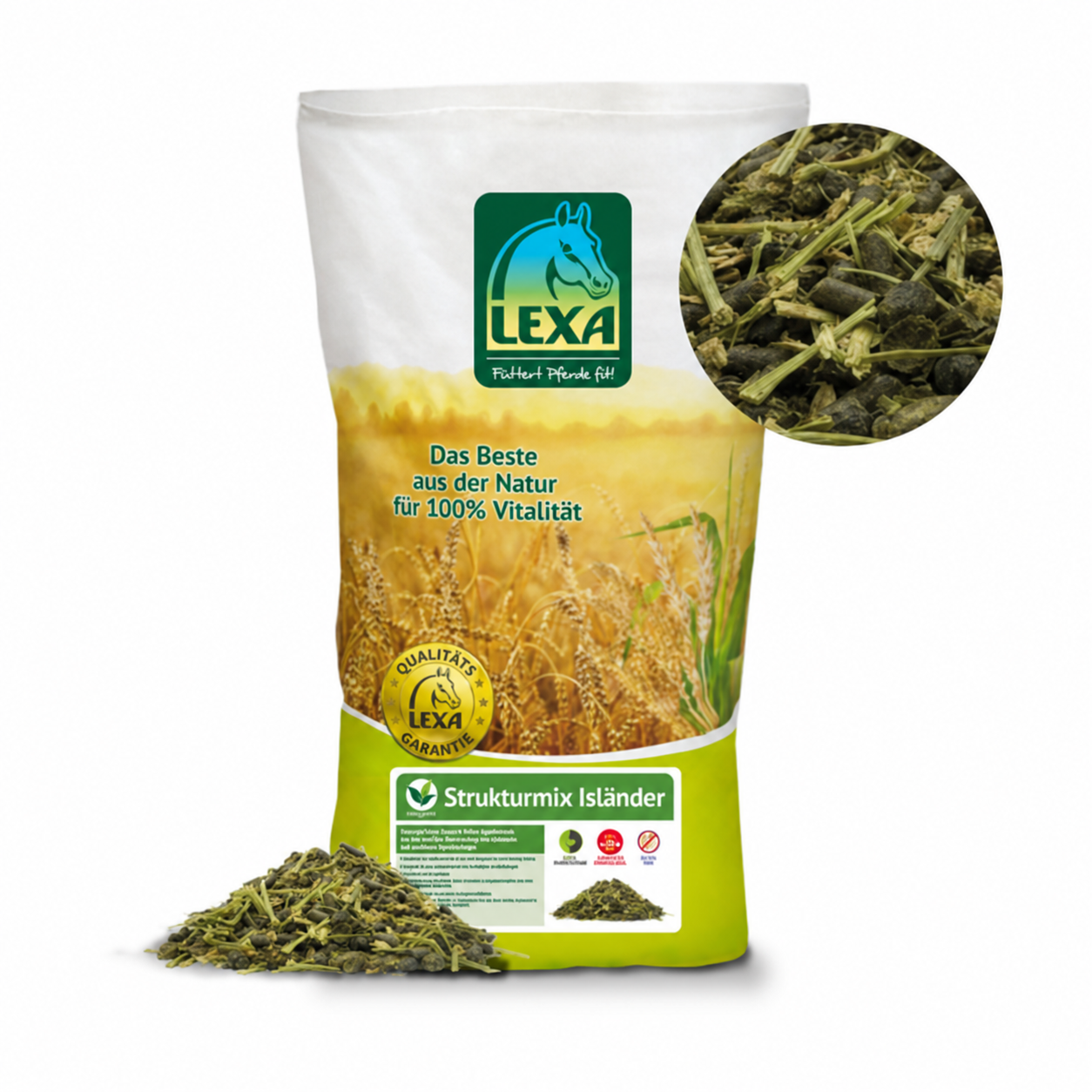 Verpackung als grünen Sack von LEXA Strukturmix Isländer mit einer Banderole mit der Aufschrift NEU und einem Bild mit der Struktur des Müslis.