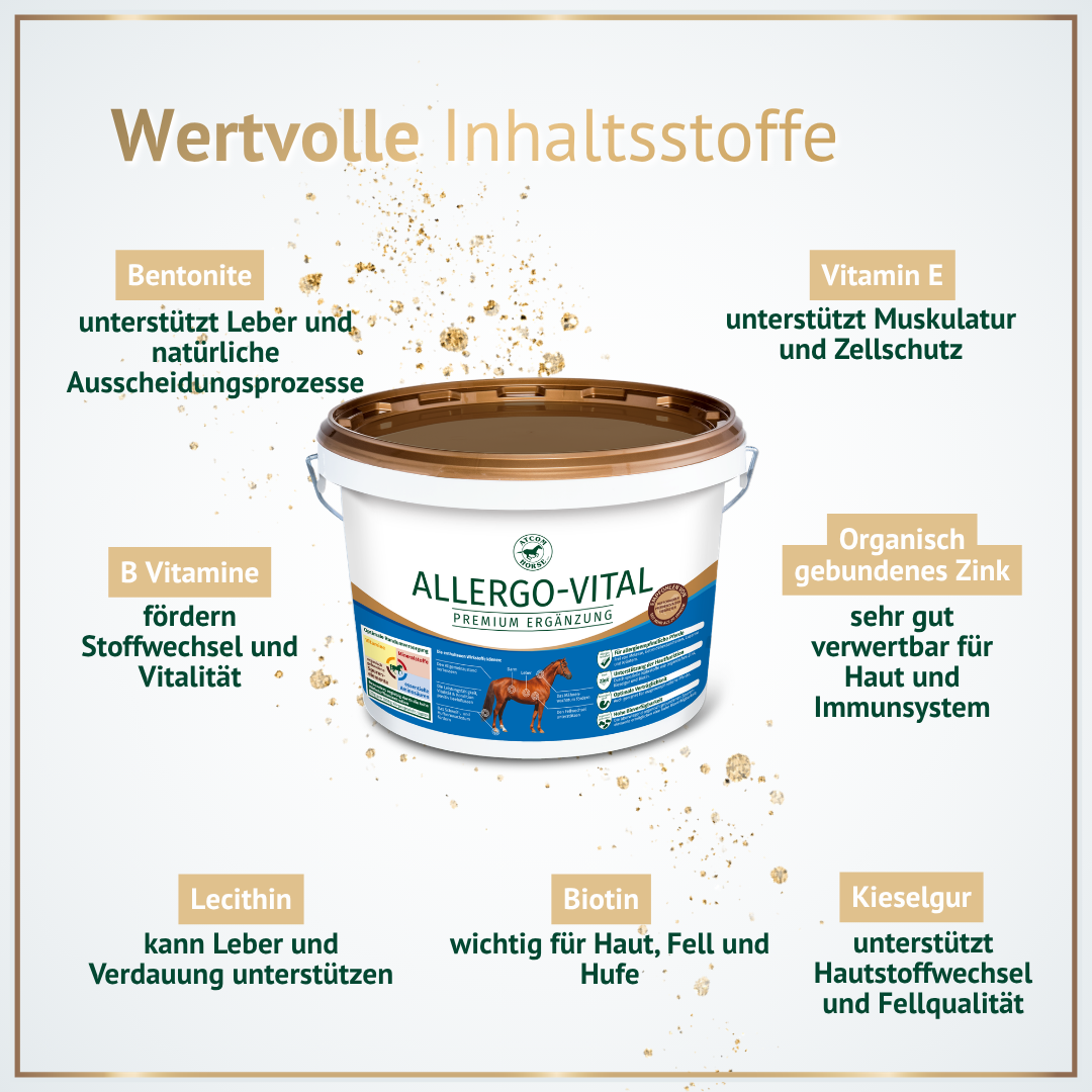 Wertvolle Inhaltsstoffe von Allergo-Vital wie Bentonit, Vitamin B, Zink, Biotin, Lecithin und Kieselgur für Pferde.