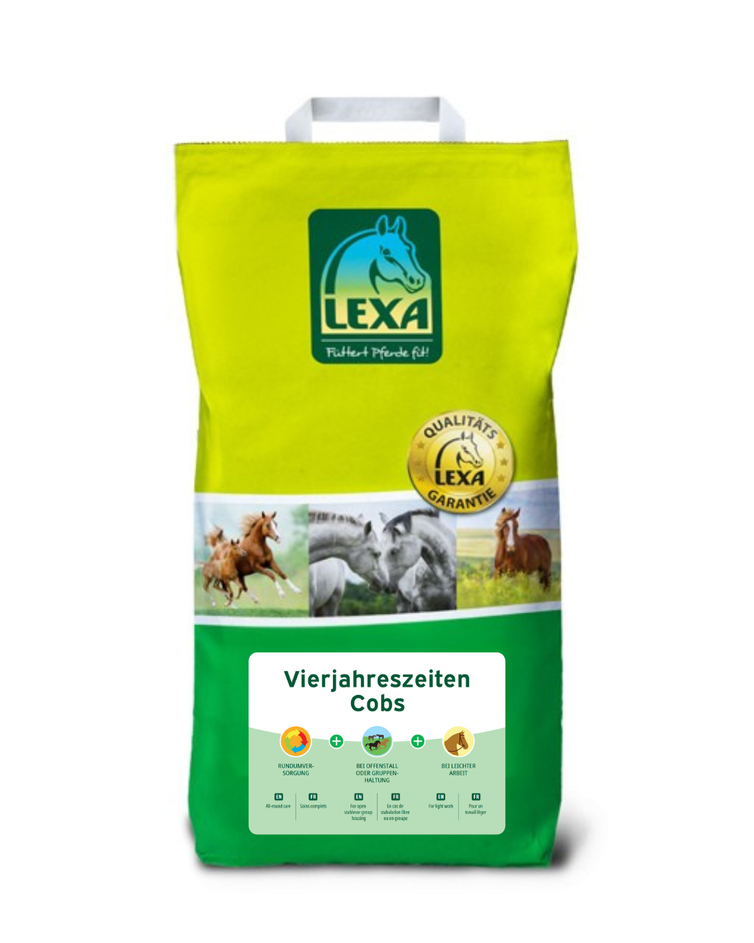 Sack mit LEXA Vierjahreszeiten Cobs für Pferde, grüne Verpackung (Beutel) mit Bildern von Pferden.