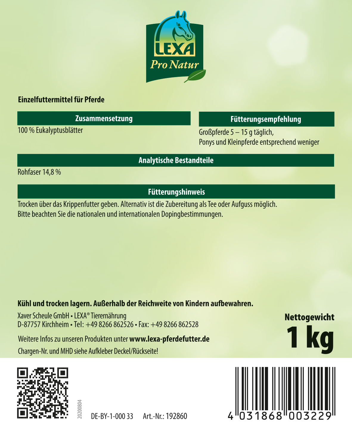 LEXA Pro Natur Pferdefutter, 1 kg Verpackung von LEXA Pro Natur Pferdefutter, 1 kg, mit Inhaltsstoffen und Fütterungshinweisen.