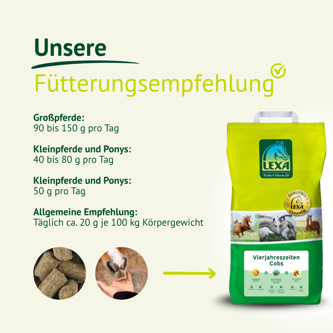 Übersicht der täglichen Fütterungsmenge für Großpferde, Kleinpferde und Ponys sowie eine allgemeine Empfehlung pro 100 kg Körpergewicht.