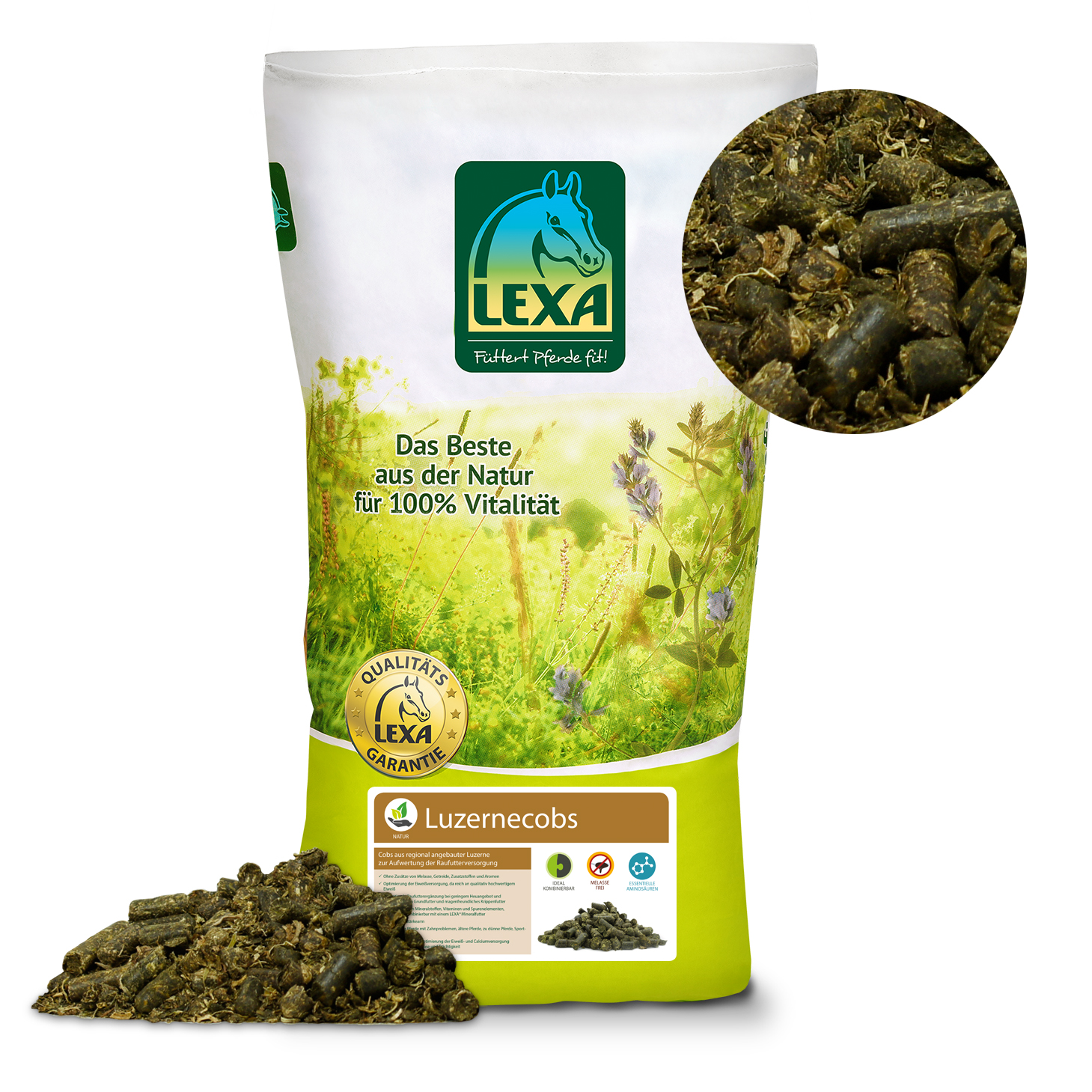 LEXA Luzernecobs Futterpellets LEXA Luzernecobs, hochwertige Futterpellets aus Luzerne für Pferde, in einer grünen Verpackung.
