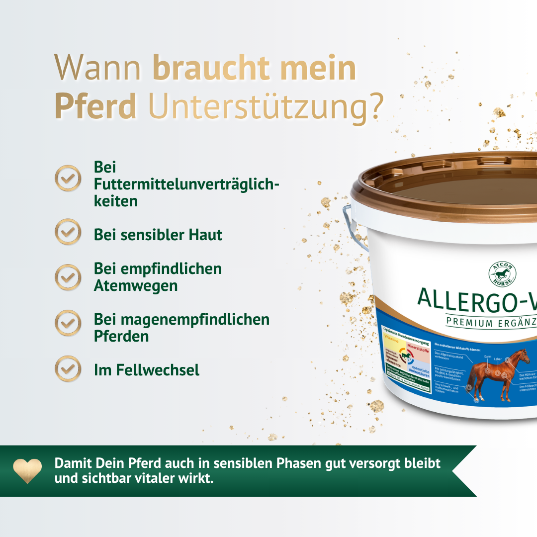 Allergo-Vital Pferdefutter zur Unterstützung bei Futtermittelunverträglichkeit, sensibler Haut und Fellwechsel.