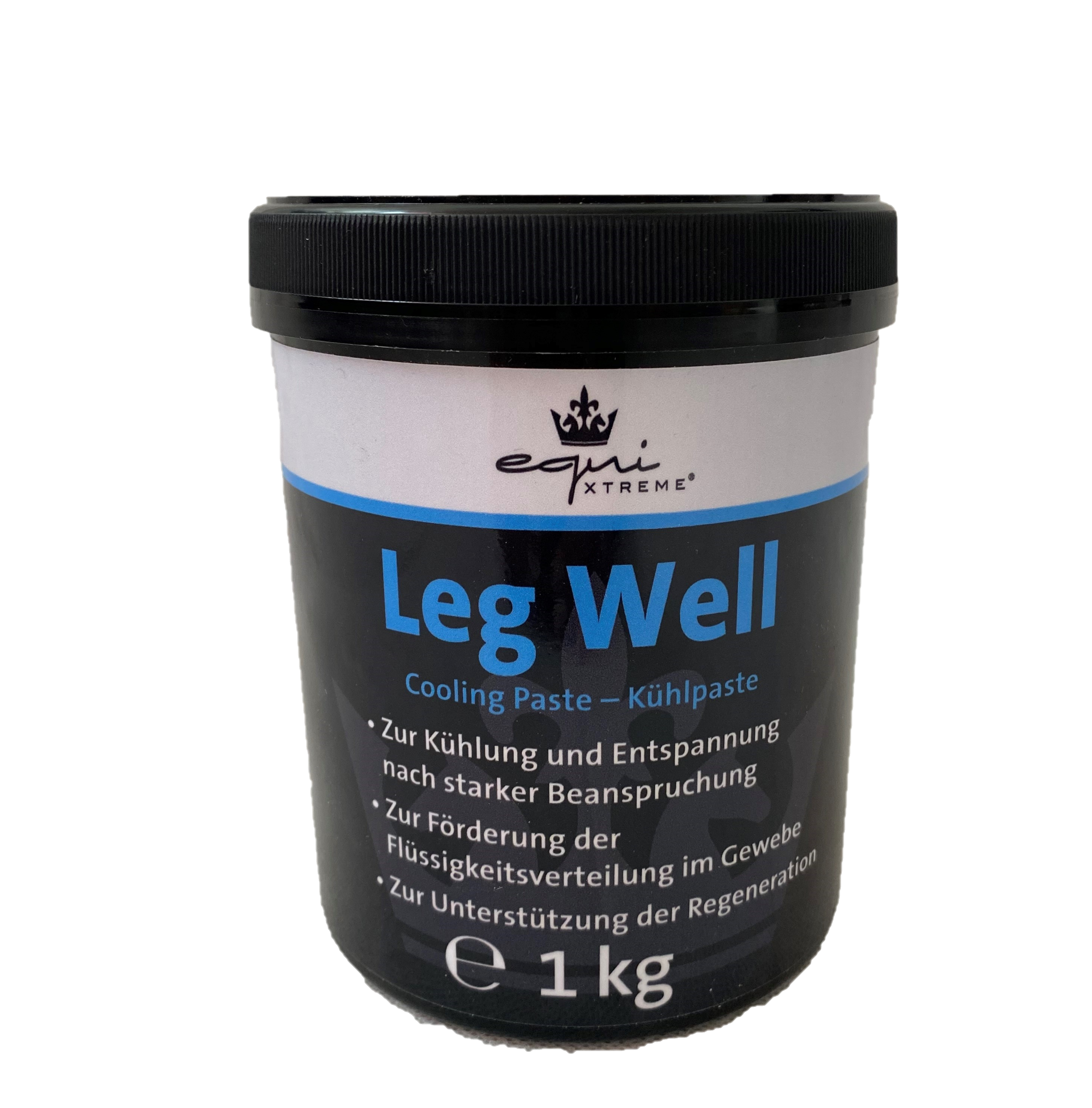 Leg Well Kühlpaste von EQUiXtreme Schwarze Dose mit blauen Aufschrift ( EQUiXtreme Leg Well Kühlpaste) und ein Paar Details zum Produkt