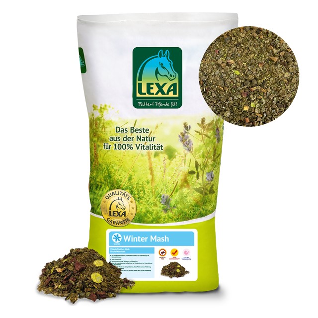 LEXA Winter Mash, ein Futter für Pferde aus natürlichen Zutaten, verpackt in einer grünen Tüte mit einem Ausschnitt des Futters.