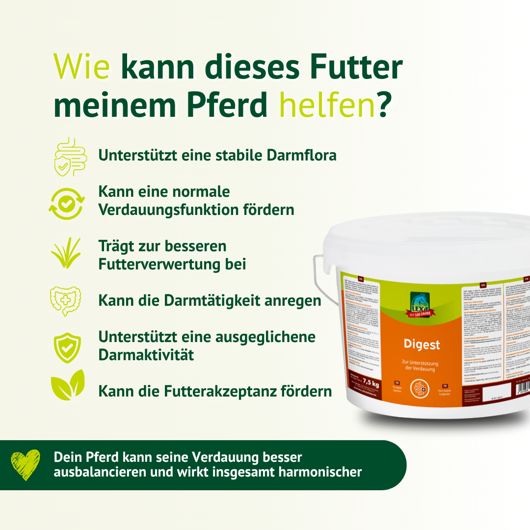 Fördert eine stabile Darmflora beim Pferd durch natürliche Inhaltsstoffe und ausgewählte Kräuter