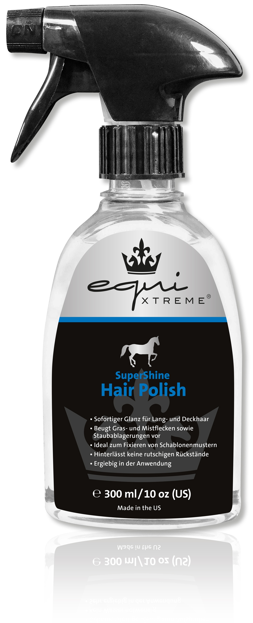 equine Haarpolitur von equi XTREME Flasche mit equi XTREME Haarpolitur für Pferde, 300 ml, Sprühkopf, klare Flüssigkeit.