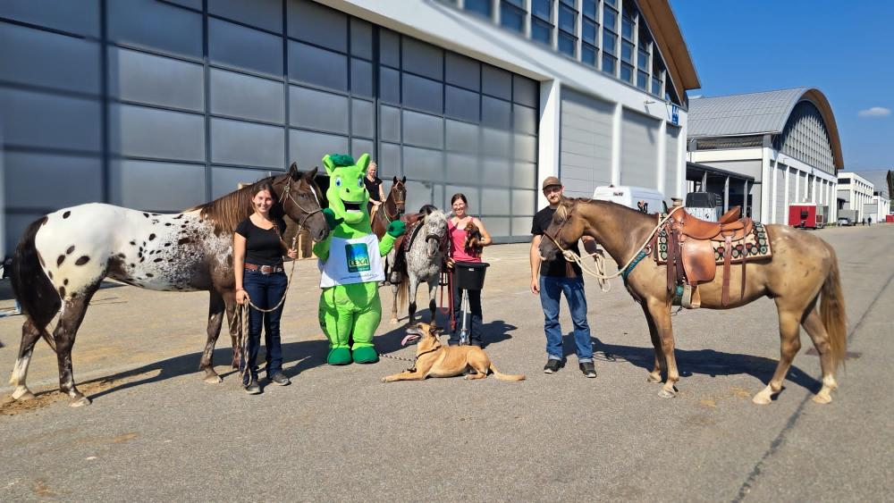Gruppenszene mit Pferden und Hund Eine Gruppe von Menschen steht mit zwei Pferden und einem Hund vor einem großen Gebäude. Eine Person trägt ein grünes Maskottchen-Kostüm.