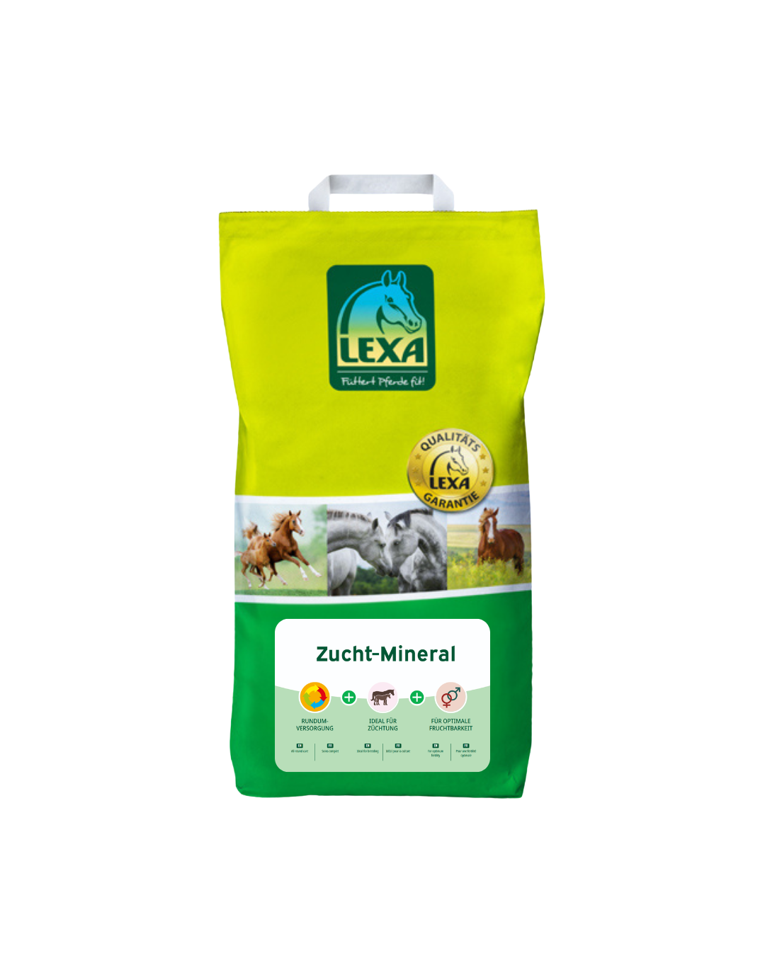 LEXA Zucht-Mineral – gelb-grüne Verpackung mit Tragegriff und Etikett für Zuchtstuten und Fruchtbarkeit.