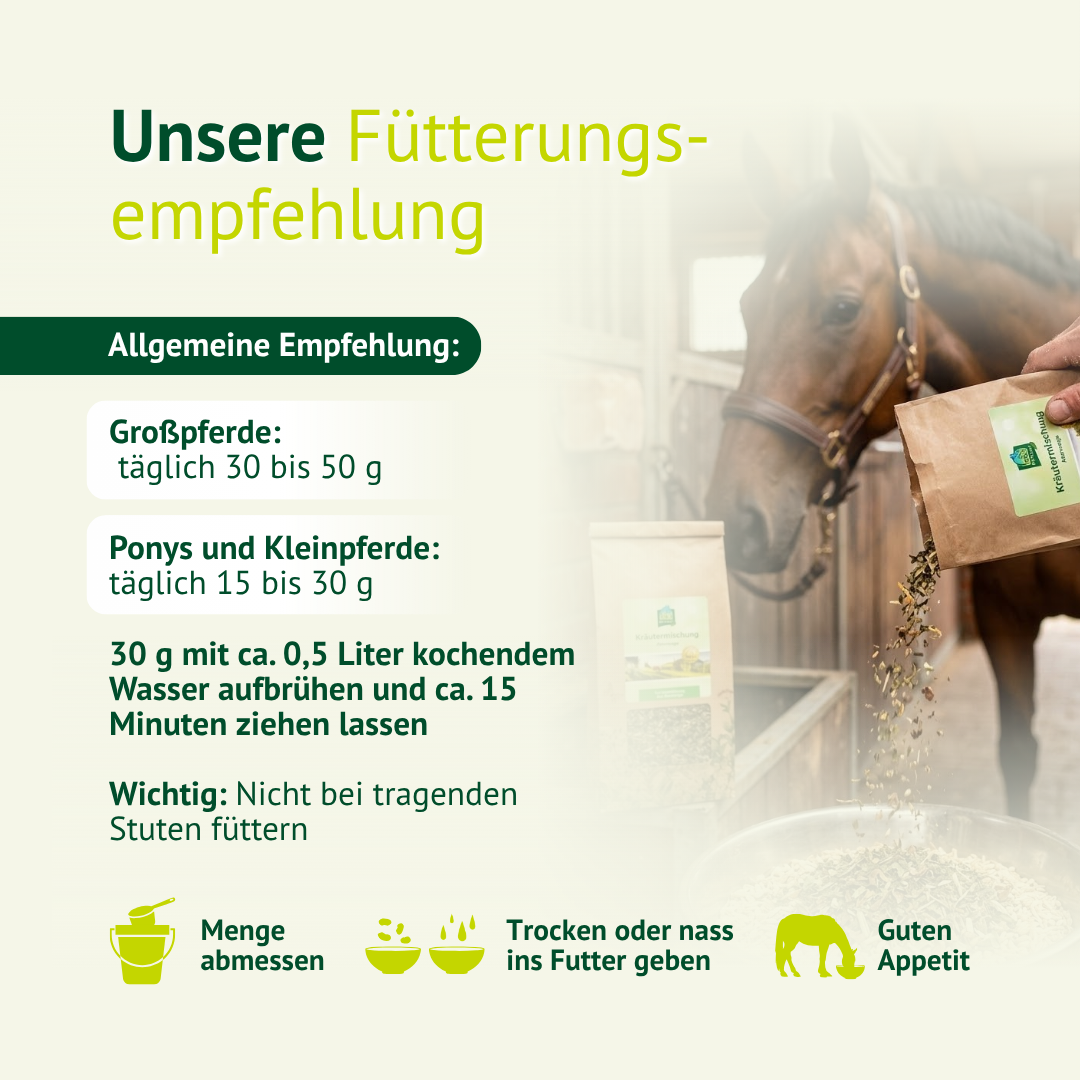 Fütterungsempfehlung für Kräutermischung zur Unterstützung der Atemwege bei Pferden und Ponys