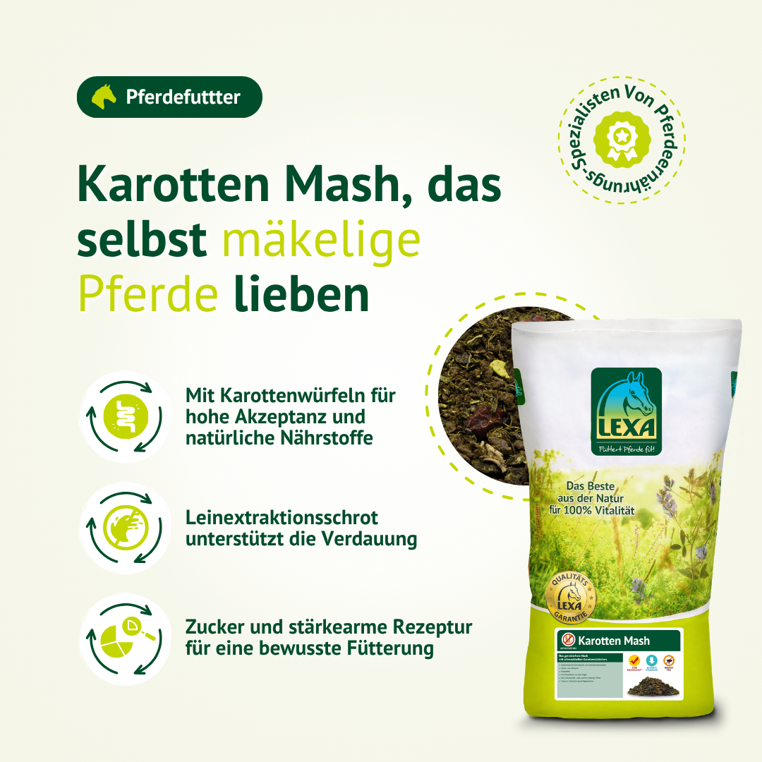 Karotten Mash Pferdefutter von LEXA – schmackhaftes Mash für wählerische Pferde mit natürlichen Zutaten und hoher Akzeptanz