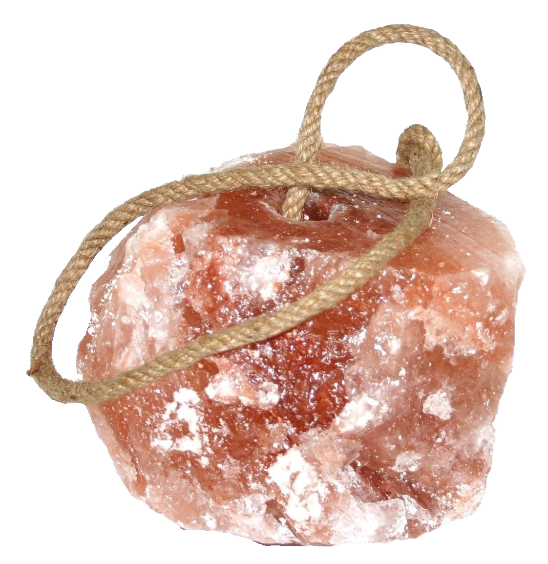 Himalaya-Salzstück mit Aufhängeschnur Ein Stück Himalaya-Salz mit einer Schnur zum Aufhängen.