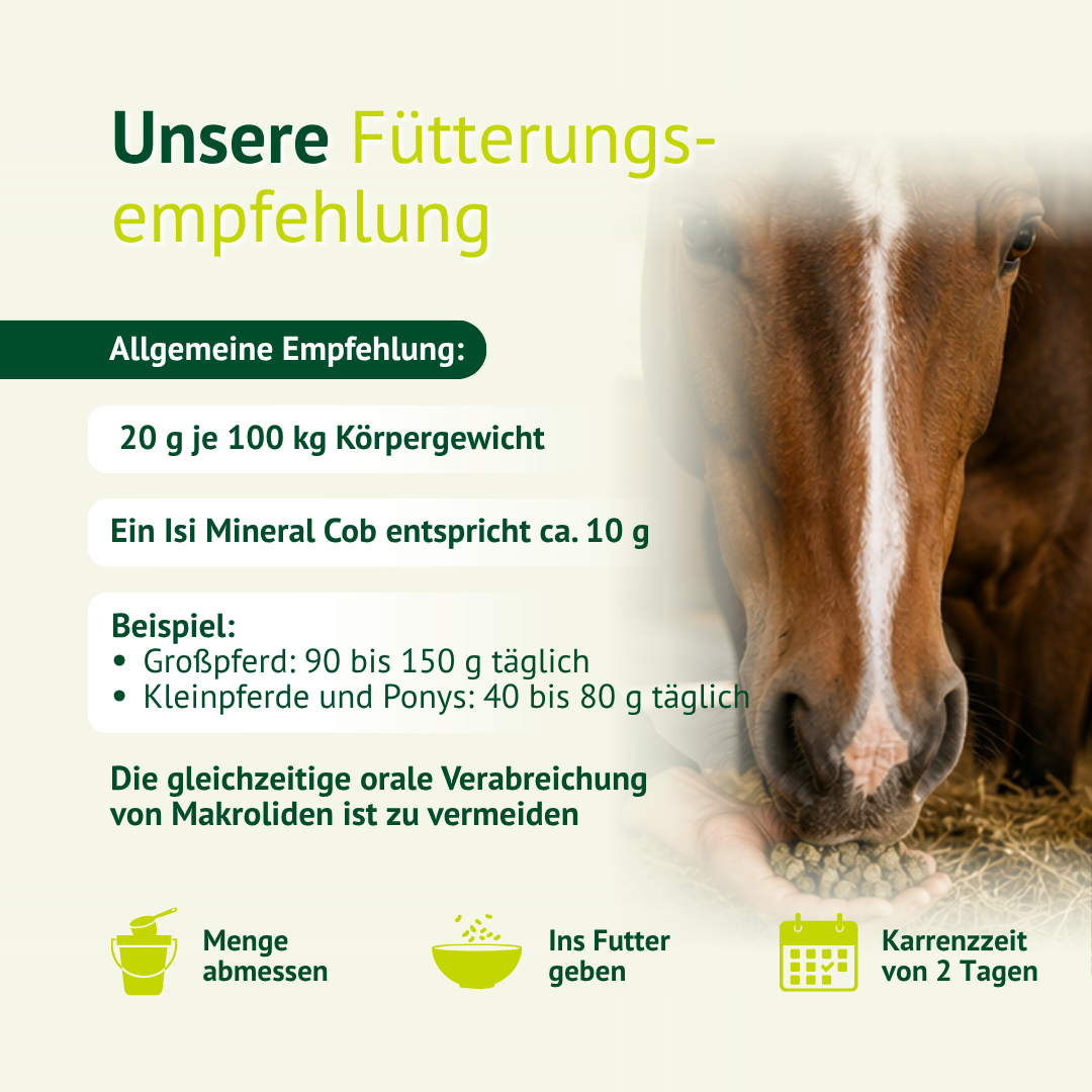 Fütterungsempfehlung für LEXA Isi-Mineral-Cobs mit Dosierung nach Körpergewicht und Karenzzeit von zwei Tagen.