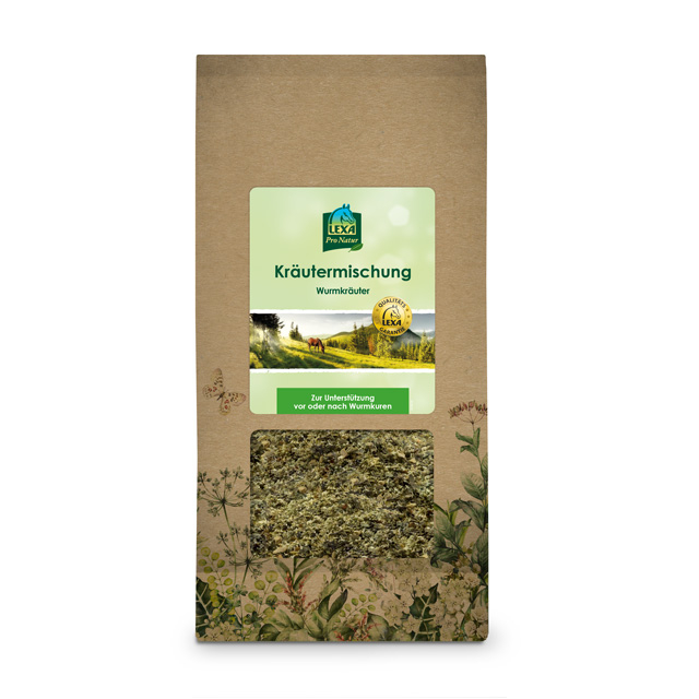 LEXA Kräutermischung Wurmkur Kräutermischung von LEXA in brauner Verpackung, mit grüner Schrift und einem Bild von einer Landschaft.