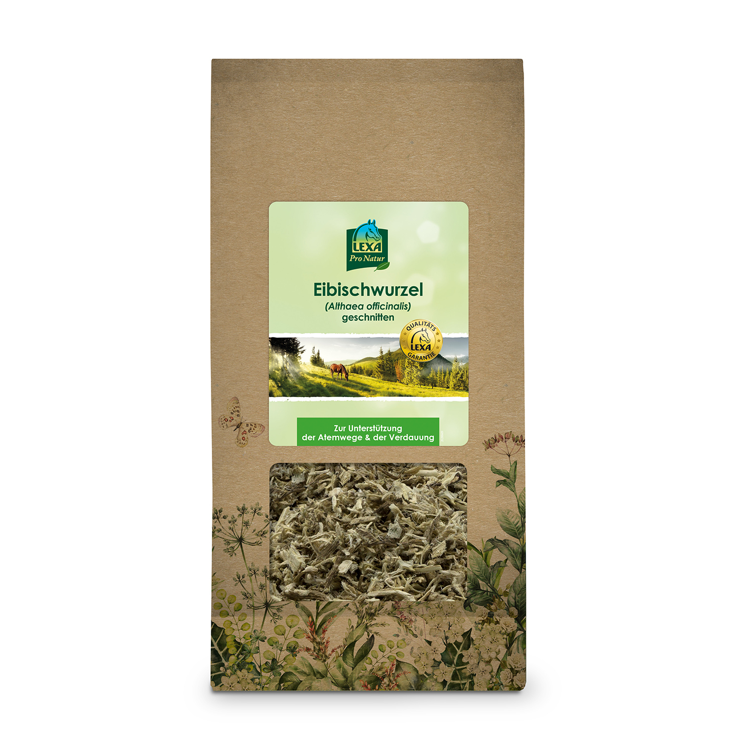 Getrocknete Eibischwurzel Braune Papiertüte mit getrockneter Eibischwurzel, mit Sichtfenster, mit grünem Etikett und Logo, Inhalt sichtbar. Kräuterillustrationen am Rand der Verpackung.