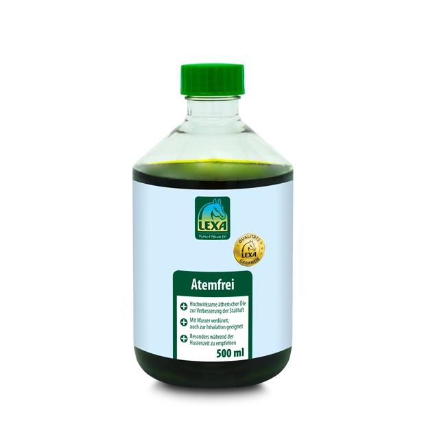 LEXA Atemfrei 500 ml Flasche mit LEXA Atemfrei, 500 ml, zur Verbesserung der Atemqualität, grüne Kappe, schwarze Flüssigkeit.