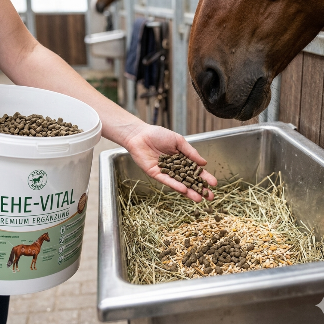 Pferd wird mit Rehe-Vital Pellets im Trog gefüttert – Ergänzungsfutter im Einsatz