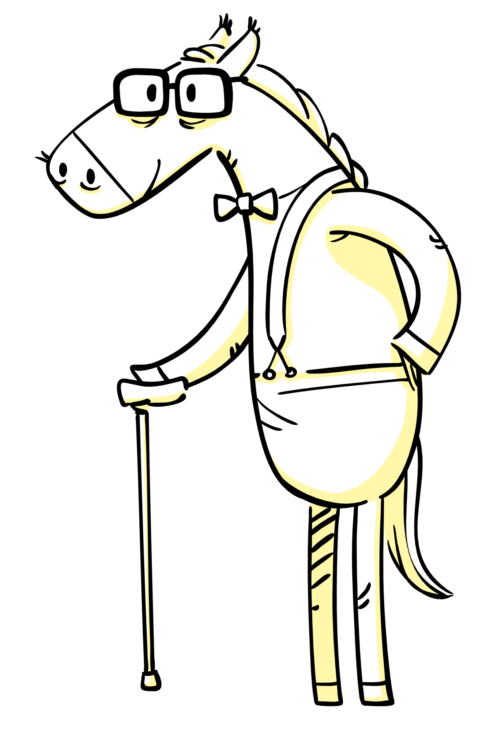 Illustration eines Pferdeseniors mit Brille und Gehstock