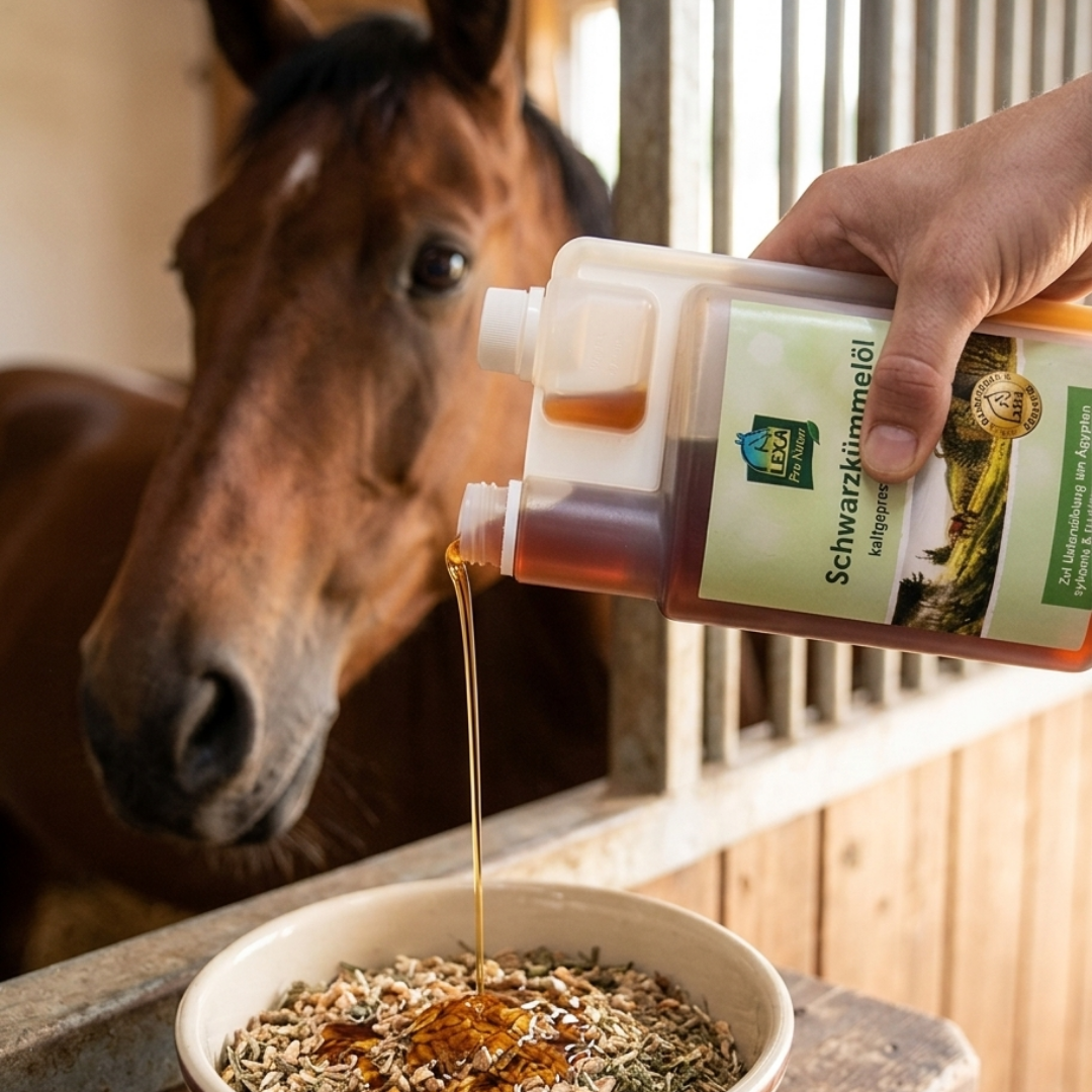 Schwarzkümmelöl wird über Pferdefutter gegossen – einfache Anwendung im Stall für gesunde Fütterung