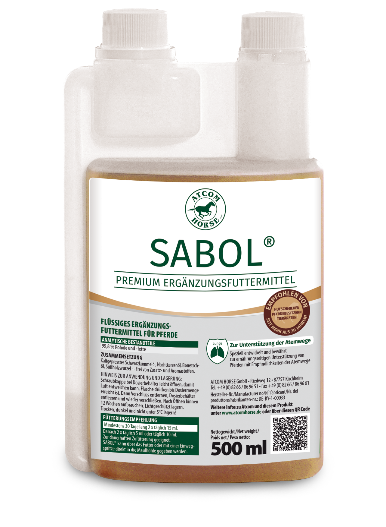 SABOL Ergänzungsfuttermittel für Pferde SABOL Premium Ergänzungsfuttermittel für Pferde, 500 ml Flasche, zur Unterstützung der Atemwege.