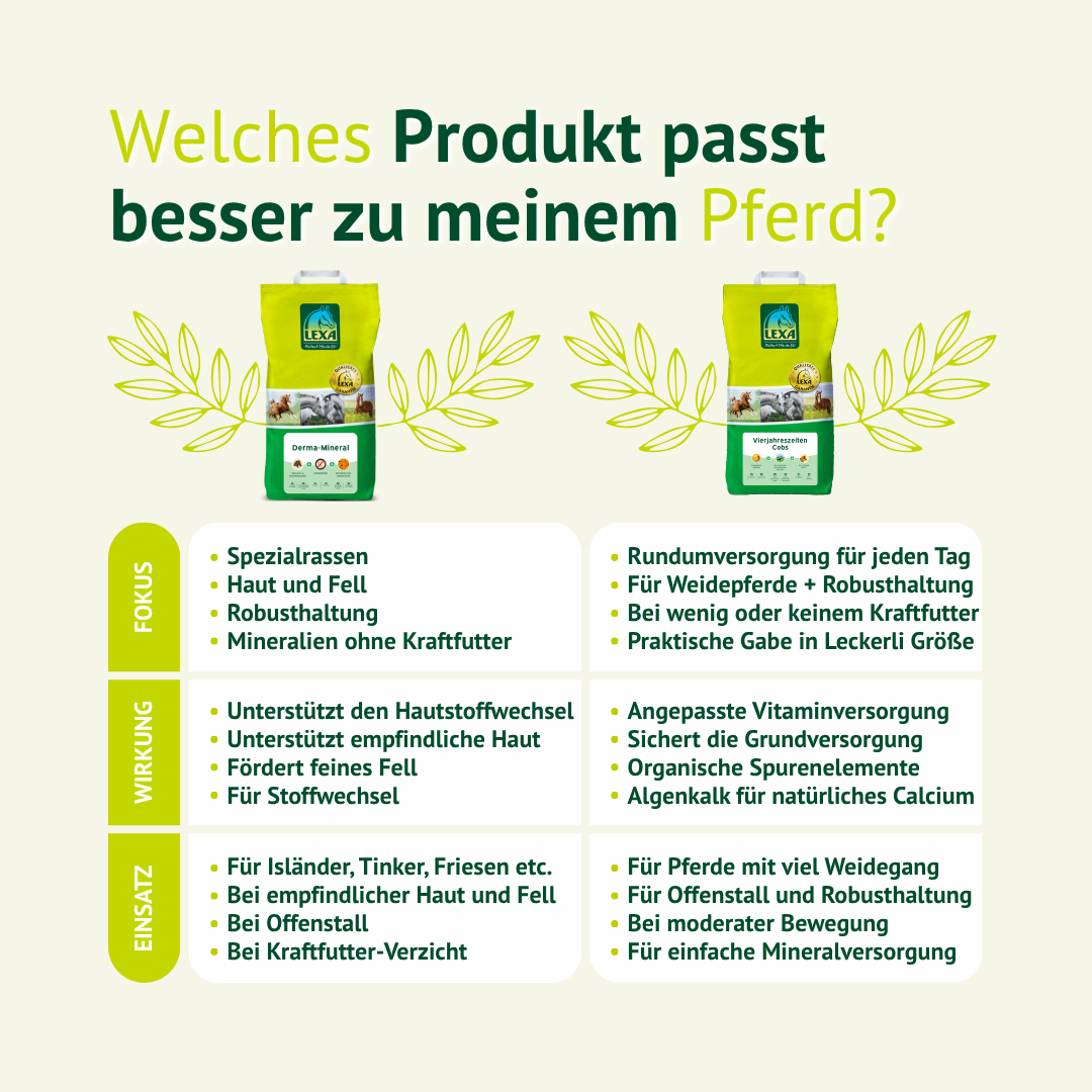 Produktvergleich zwischen LEXA Derma-Mineral und Derma-Mineral Pur für Pferde
