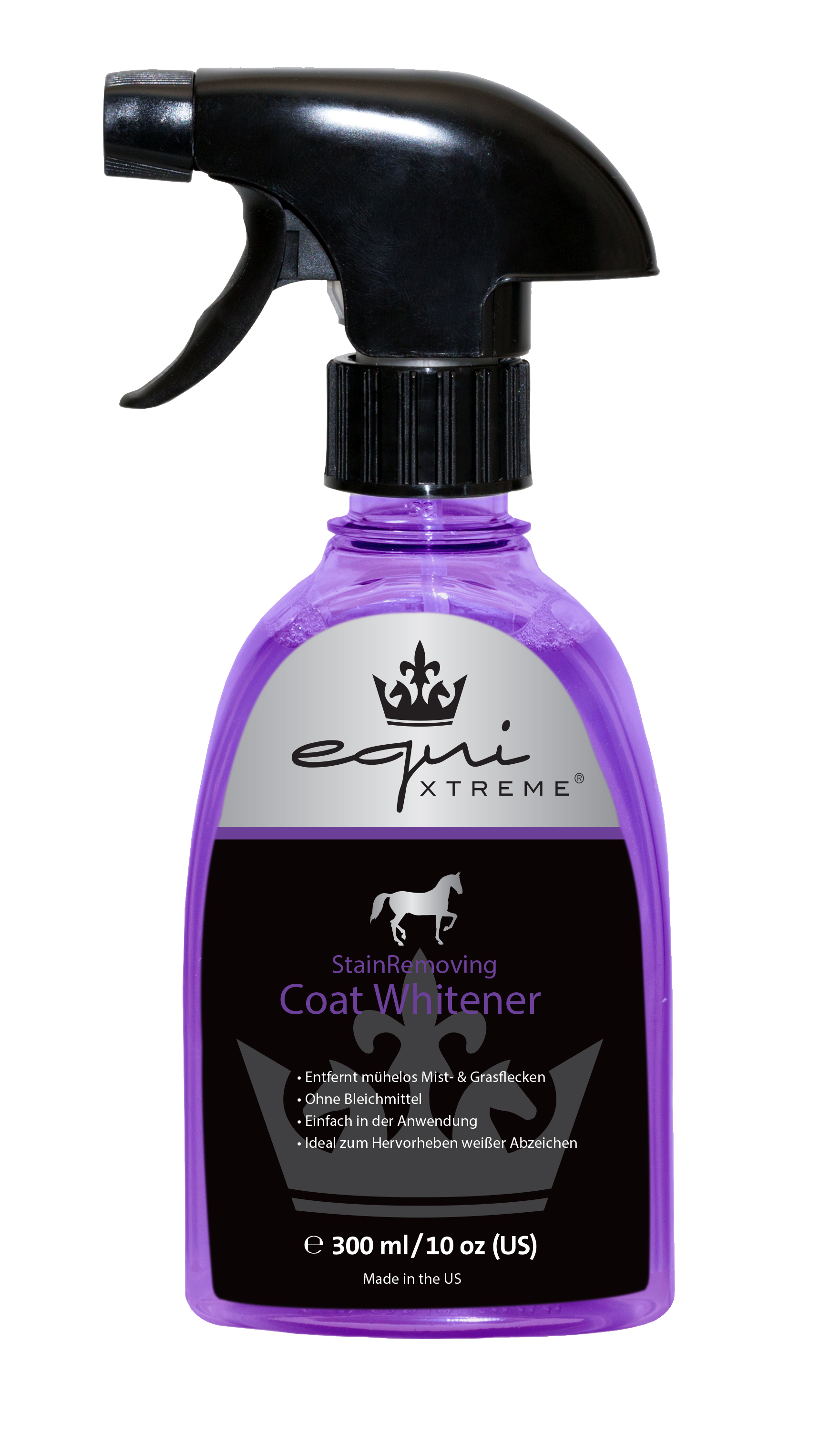 Equi Xtreme Coat Whitener Spray Flasche mit Sprühkopf für Equi Xtreme Coat Whitener, lila Flüssigkeit, 300 ml.