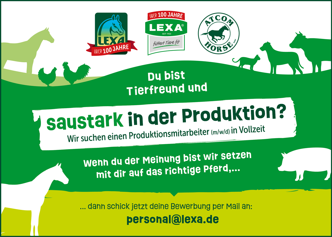 Stellenanzeige für einen Produktionsmitarbeiter bei LEXA, mit Tieren und Kontaktinformationen.