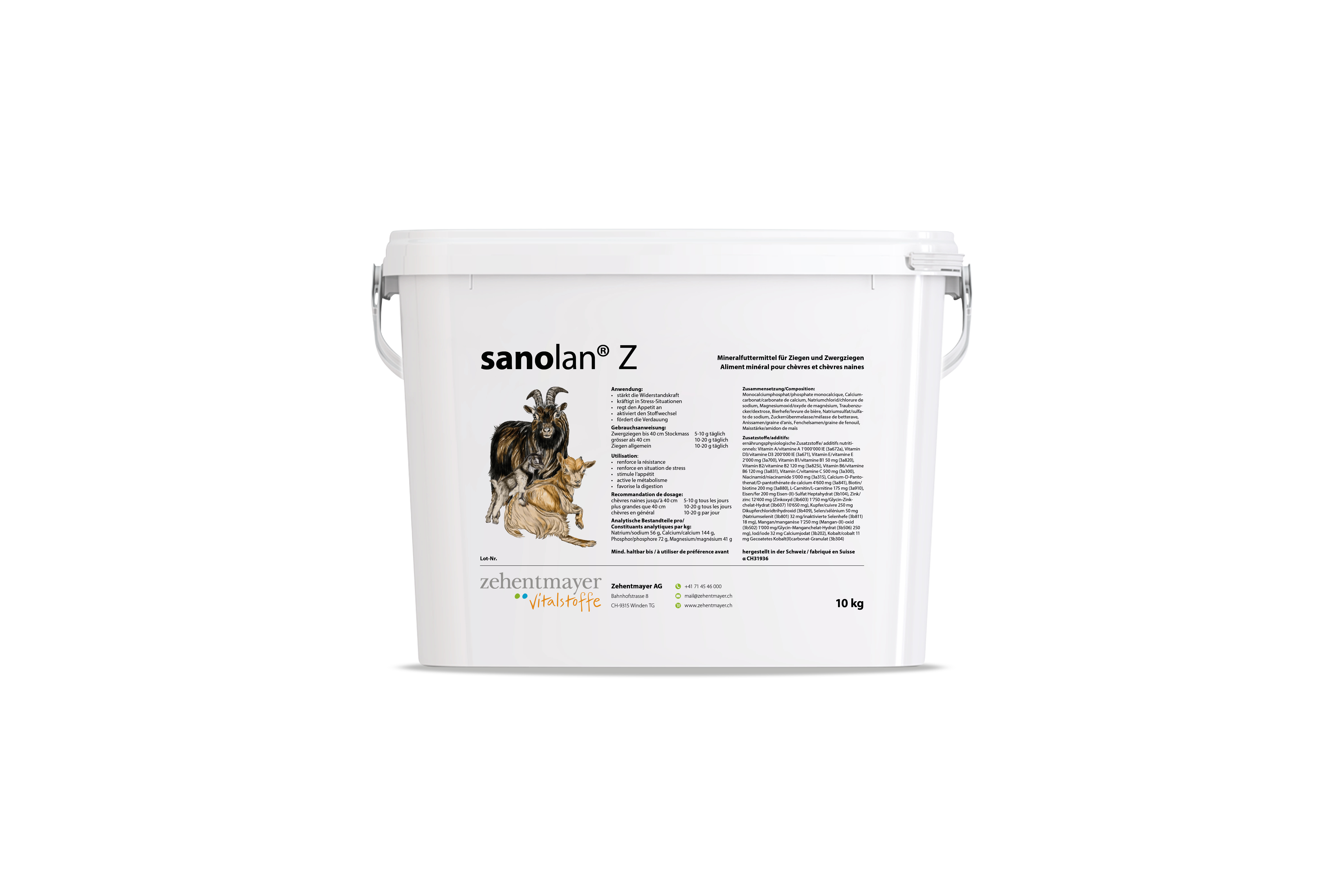 Weißer Eimer mit der Aufschrift 'sanolan Z', enthält Informationen zur Anwendung und Inhaltsstoffen.