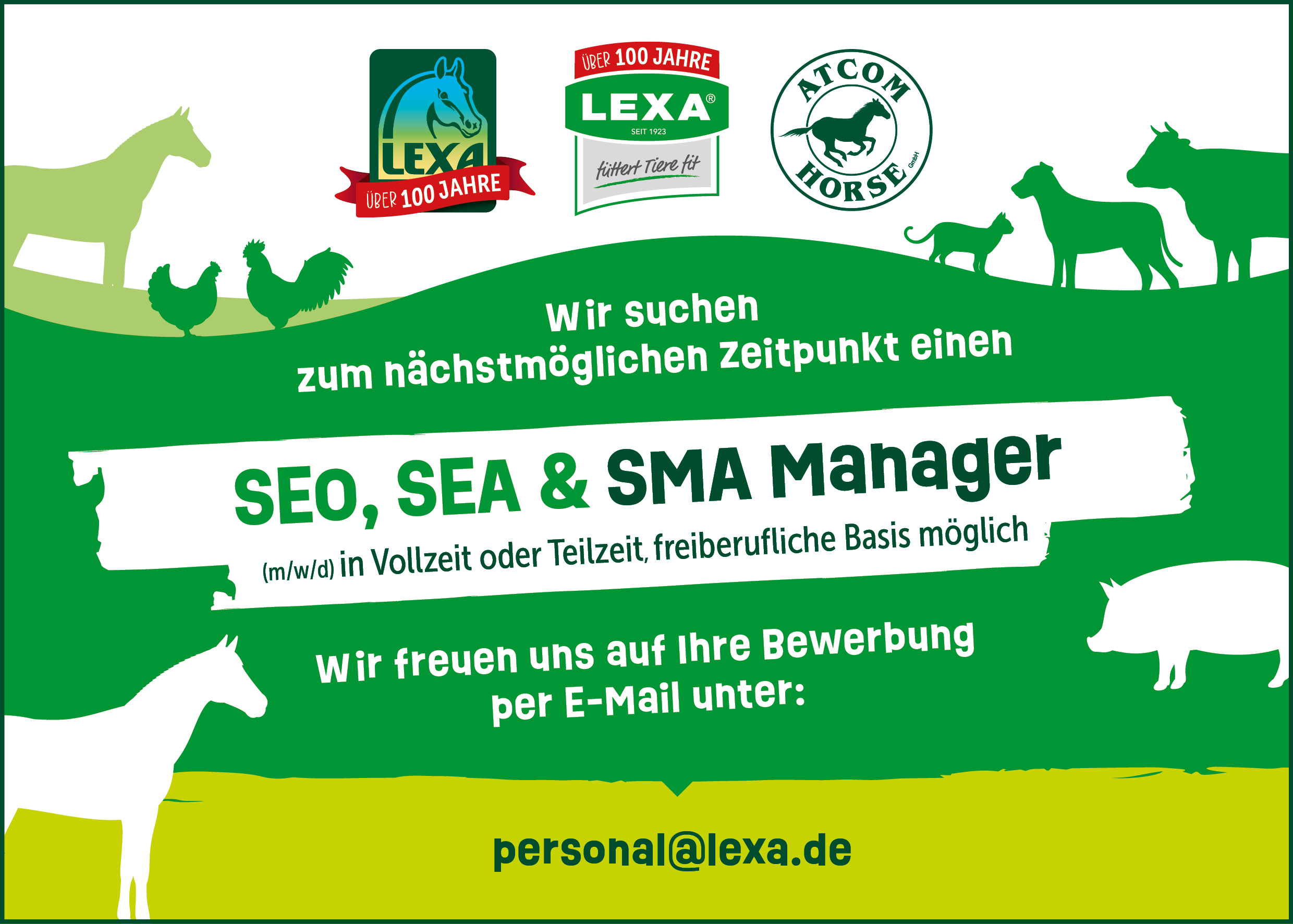 Stellenausschreibung für einen Sachbearbeiter in der Produktionsplanung bei LEXA Futter, mit Bildern von Tieren im Hintergrund.