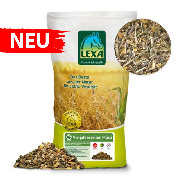 LEXA Vierjahreszeiten Müsli Verpackung von LEXA Vierjahreszeiten Müsli mit einer Mischung aus Kräutern und Getreide.